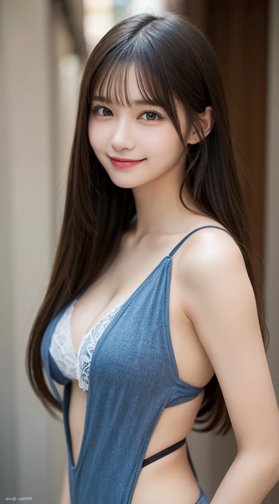 18 year old beautiful girl, Big eyes, Large Breasts, Small and slim, 8K, Highest quality, (Highly detailed head: 1.0), (Highly detailed face: 1.0), (Very fine hair: 1.0), Highly detailed official artwork, Anime Moe Art Style, Beautiful and detailed anime art, smile, whole body, Swimwear、sleek long hair