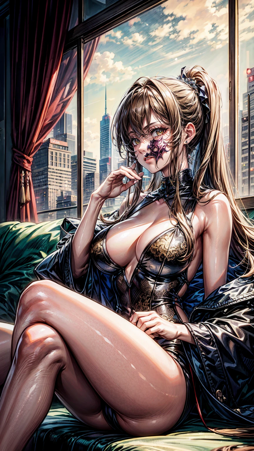 masterpiece,Highest quality,Ultra-high resolution,Korean,Korean cityscape,Beautiful woman, Light brown eyes Hair is golden 8K