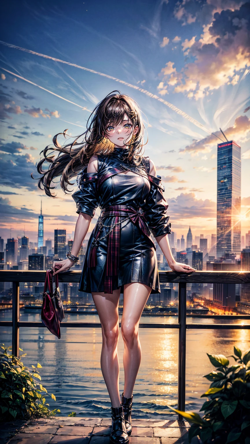 masterpiece,Highest quality,Ultra-high resolution,Korean,Korean cityscape,Beautiful woman, Light brown eyes Hair is golden 8K