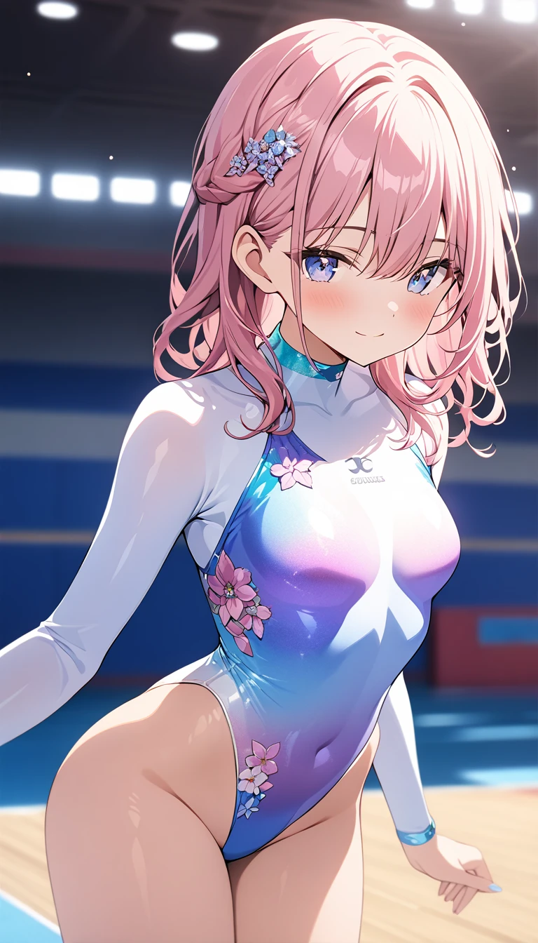 highquality illustration, masterpiece, very delicate and beautiful, attractive girl,(gymnastics leotard, Floral patterns leotard,long sleeve leotard with glittery decoration,high_leg leotard,athletic leotard,tight-fit leotard,iridescent gradient leotard,long-sleeve leotard),thin,slender body,slim,high school,gymnasium background,gymnastics club,gymnastics athlete,princess, beautiful eyes,light smile,(masterpiece, best quality:1.2), highres, extremely detailed CG unity 8k wallpaper, perfect lighting, Colourful, ultra-high res,4K,ultra-detailed, photography, 8K, HDR, 17 ages,cowboy shot,