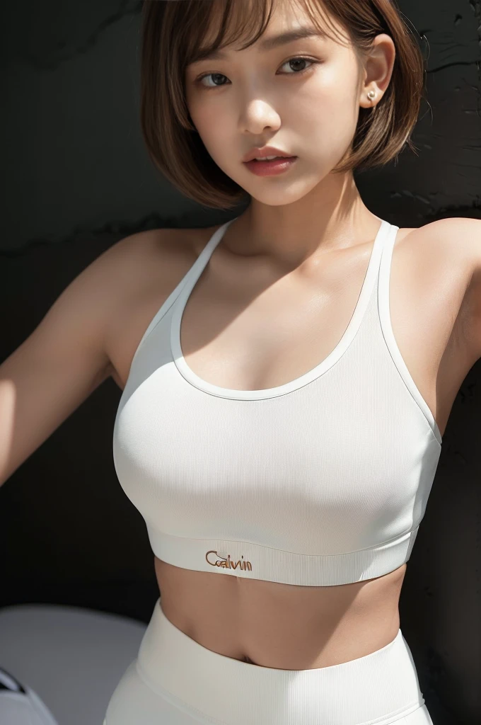 (((Face close-up)))、(((Brown, shoulder-length, straight short bob)))、(((She is posing like a model at a hair salon., Indoors, against a black wall.)))、((((Calvin Klein, White sports bra, White sports shorts))))、Half Japan, Half Korean、18-year-old girl、Independent、I'm looking forward to、Light eye makeup、Brown Hair Color、Flat 、Hair blowing in the wind、Quality of actress、Shiny, Ultra-realistic faces、smile、Watery eye、look up、Subtle lighting effects、 Ultra-Realistic Capture、Very detailed、High resolution 16k human skin closeup。Skin texture must be natural、The detail must be such that the pores are clearly visible.、skin is healthy、Even Tone、Use natural light and color、Worn out, High quality photos taken by modeling agencies'In-house photographer.、smile、(((Sigma 300mm F/1.4,1/1000 sec shutter,ISO400)))