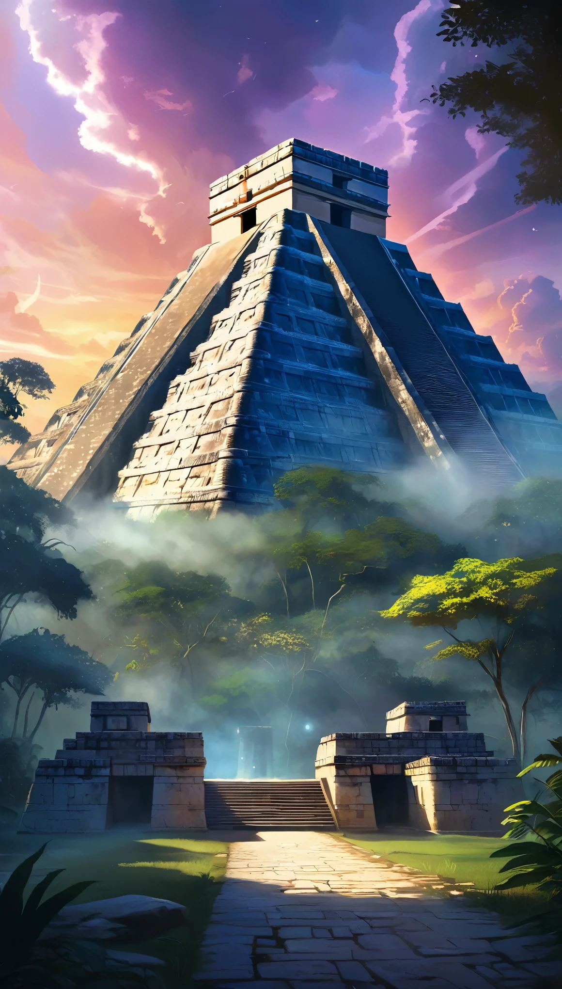 card "Pyramid of Kukulkan": Description: Majestic pyramid, towering in the center of the Lost City of Chichen Itza. Explore its secret passages and find ancient artifacts. Peculiarities: Hidden Traps, ancient inscriptions, mystical rituals., digital painting, location, location из игры, большая location, glowing effects in the background, fog in the foreground with glow effects, colorful, cute style, anime style, огромная игровая location, shimmering treasures, attention-grabbing