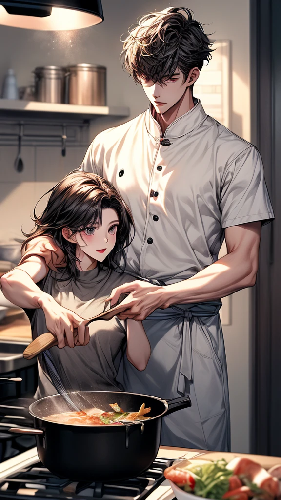 a man standing cooking with his girlfriend, and both are happy, manhwa, male ulzzang, yanjun chengt, handsome chad chin, anime handsome man, secret romance, (good looking ), wearing elegant casual clothes, webtoon, hwang se - on, ( ( god king of ai art ) ), name of the character is chad, webtoons, handsome stunning realistic,night