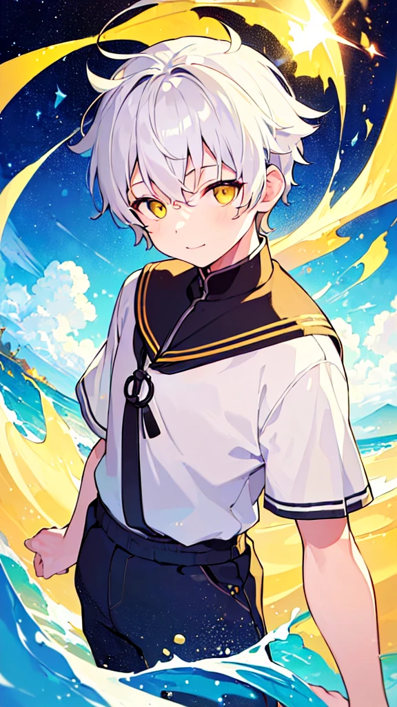 [(GALAXY BACKGROUND:1.5),::5], ((((masterpiece)))), high quality, very_high_resolution, large_filesize, upper body, full color, ((Solo)), (( boy)), 13 oldn's short white hair)), vivid color, ((yellow eye)), Summer clothes white, animestyle, light smile, (SODA EFFECT:1.3)
