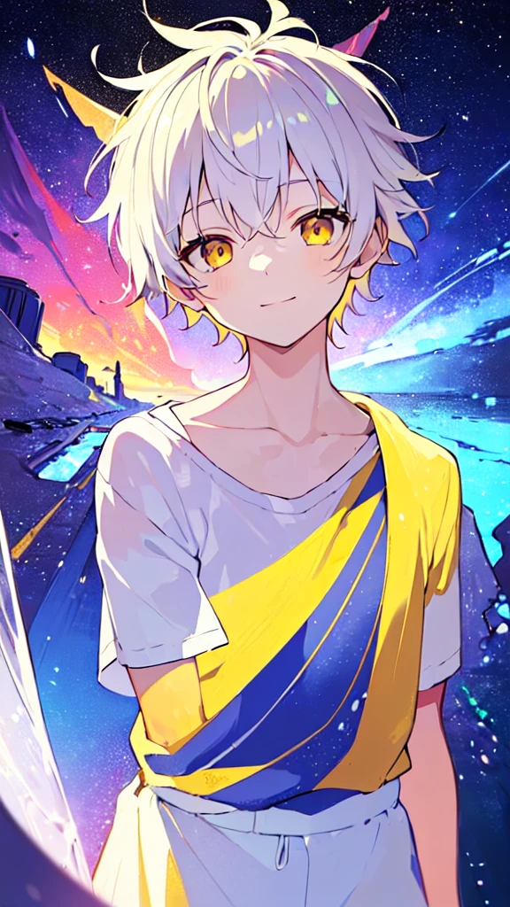 [(GALAXY BACKGROUND:1.5),::5], ((((masterpiece)))), high quality, very_high_resolution, large_filesize, upper body, full color, ((Solo)), ((little boy)), 13 old year, ((men's short white hair)), vivid color, ((yellow eye)), Summer clothes white, animestyle, light smile, (SODA EFFECT:1.3)