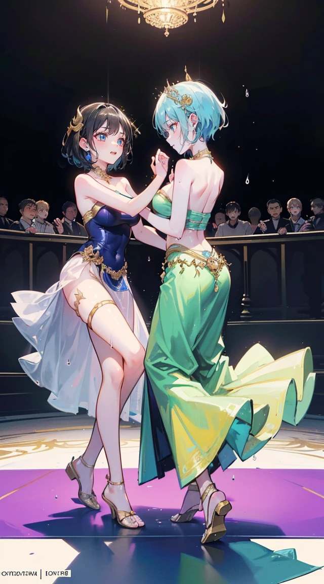 (2 young women ,beautiful woman),(20-year-old girl),smile,(light green short hair),nobility,(princess),blue student,Tall figure,((Strapless Thai dress)),low skirt,(Strapless Thai dressที่ไม่ทีสาย),lolita skirt,Show your legs,Barefoot,red carpet,prom website,(nobility),(big tits),(Various poses),Highest quality、Highest picture quality、Masterpiece,, ,(((Umbilical drive,dance,dance,Thai dance))), (There's nothing hiding the pussy.), (no panties), (very good:1.2), (shy:1.2), (wet:1.2), (feel sexually happy:1.6),