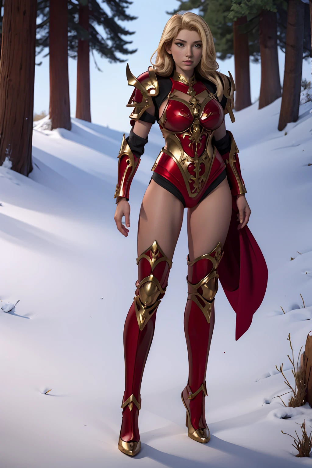 ((Full body photo, standing, feet on the floor))  a woman in a red and silver outfit standing in front of a tree, bikini armor female knight, gorgeous female paladin, lady in red armor, female paladin, extremely detailed artgerm, armor girl, commission for high res, portrait of female paladin, red armor, bikini armor, bikini-armor, a sexy blonde warrior, fantasy paladin woman