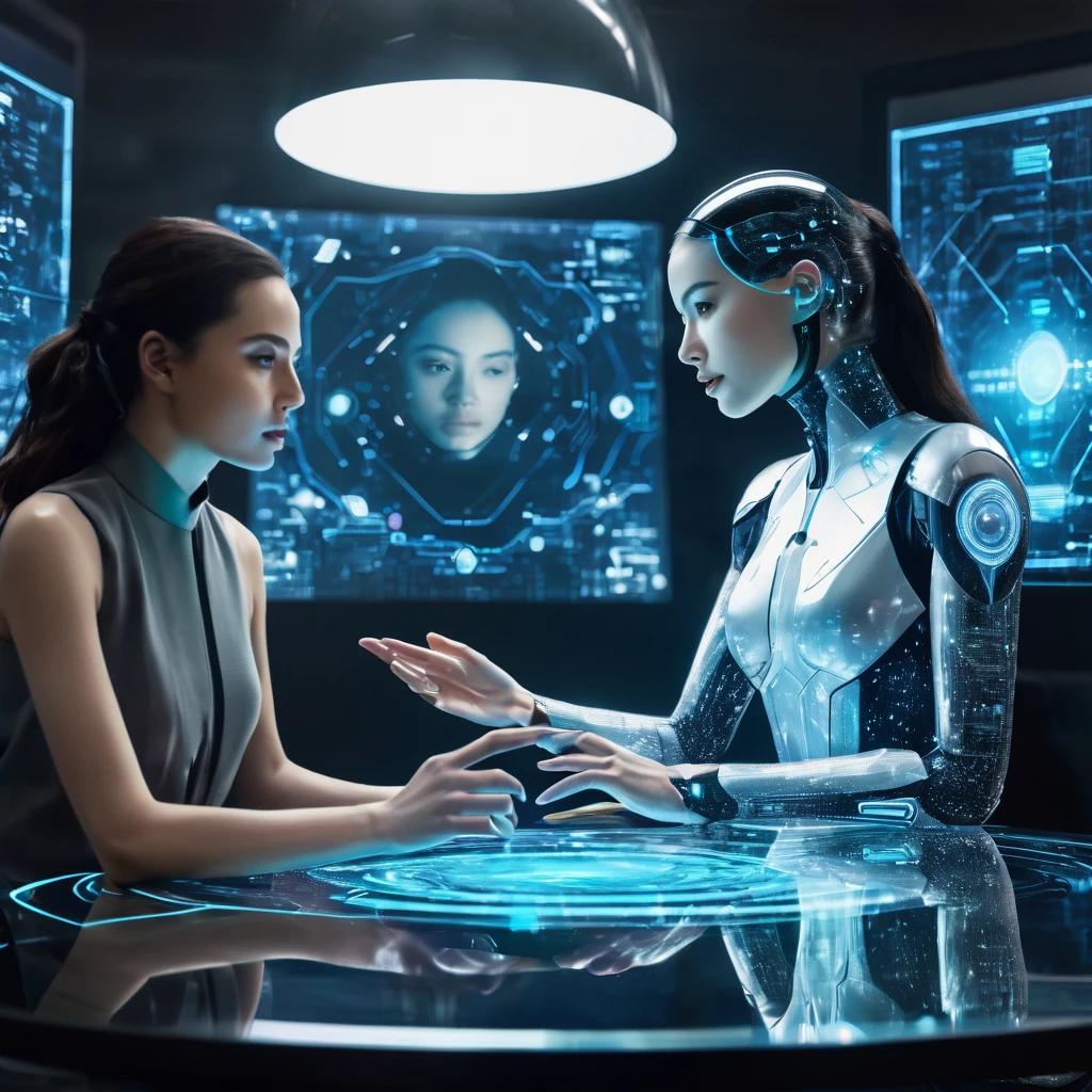 beautiful woman sitting at a table with a hologram girl in front of her, endless collaboration with ai, ai producing the realist, the coming ai singularity, data holograms, strong artificial intelligence, ai researcher, artificial intelligence, computers and holograms, future coder man looking on, depicted as a scifi scene, the image is futuristic, with ai theme