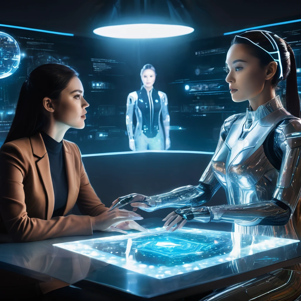 beautiful woman sitting at a table with a hologram girl in front of her, endless collaboration with ai, ai producing the realist, the coming ai singularity, data holograms, strong artificial intelligence, ai researcher, artificial intelligence, computers and holograms, future coder man looking on, depicted as a scifi scene, the image is futuristic, with ai theme