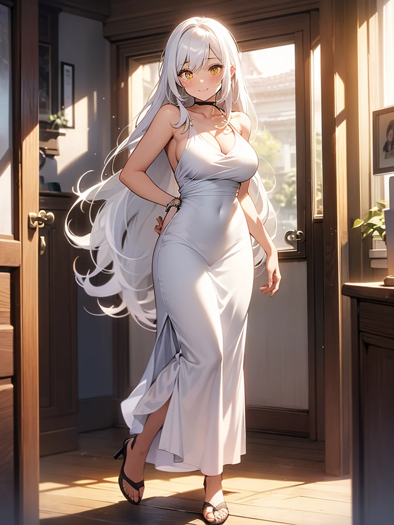 Girl, solo, Full Body, Long hair, white hair, Yellow eyes, happy face, Breasts, big Breasts, Large breasts, big Butt, white dress, detailed dress, Long dress, sem mangas, in a dressing room