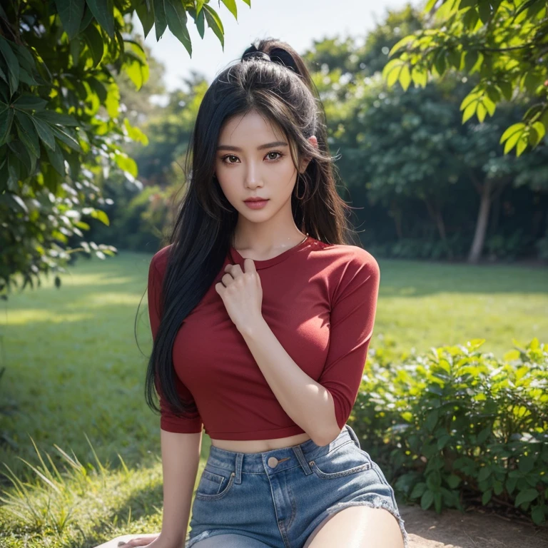 Frontal photo of Araffe woman, 25 30 years old, Old jeans torn, wearing a red shirt, dark yellow, Wear a black shirt., Dark Green, Looking straight at you intently, ponytail, Long-haired woman with a round face, Red cheeksแดงอมชมพู, black eyes ตาสองชั้น, black eyes, Thai anime, Has a large chest size of 38 inches., ผู้หญิงblack hairไหล, long black hair, long black hair, black hairยาวปลิวไปตามสายลม, long black hairไหล, เธอมีblack hair, black hair, black hairของเธอเป็นลอนยาว, black hairสวย, black hairธรรมชาติเข้มเป็นพิเศษ, long black hair ภาพถ่าย, Model with an attractive body, The shirt is tight., Looks hot., ,black eyes,abdominal muscles, rounded chest,photo-glowing face, (Red cheeks:1.6:), outdoor, The background is a rice field., There is an old thatched Thai-style hut in the background., The evening sun shines, beautiful female model, jaw-dropping beauty, Attractive face and body, realistic: Open the aperture wide., professional lighting, Sony A7R4, 50 mm sitting lens. 2 ; Warm light, (digital painting, HDR, high contrast (digital painting, HDR, high contrast), (Highest quality),(Masterpiece:1.3),(sharp focus:1.2:),