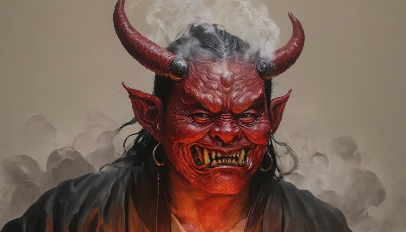 a man with the face of a Chinese devil who inspires terror, Chinese ancient style, 真实感, lifelike details, uncanny, uncanny, 8k resolution, stunning visuals, ultra detali, whole body, photo realist, smoke around