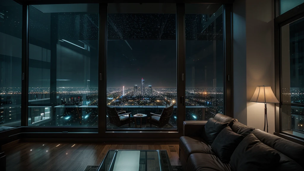 Panoramic view of the living room，Large windows overlooking the city, Relaxation time. beautiful landscape, Luxurious environment, Comfortable place, Comfortable atmosphere, Luxury Apartment, bladerunner apartment, Cyberpunk bedroom at night, comfortable environment, Comfortable room, comfortable environment, Comfortable atmosphere, rooftop romantic, City Apartments, Comfortable and calm, Beautiful view, Epic views, beautiful scenery,There is snow outside the floor-to-ceiling glass window