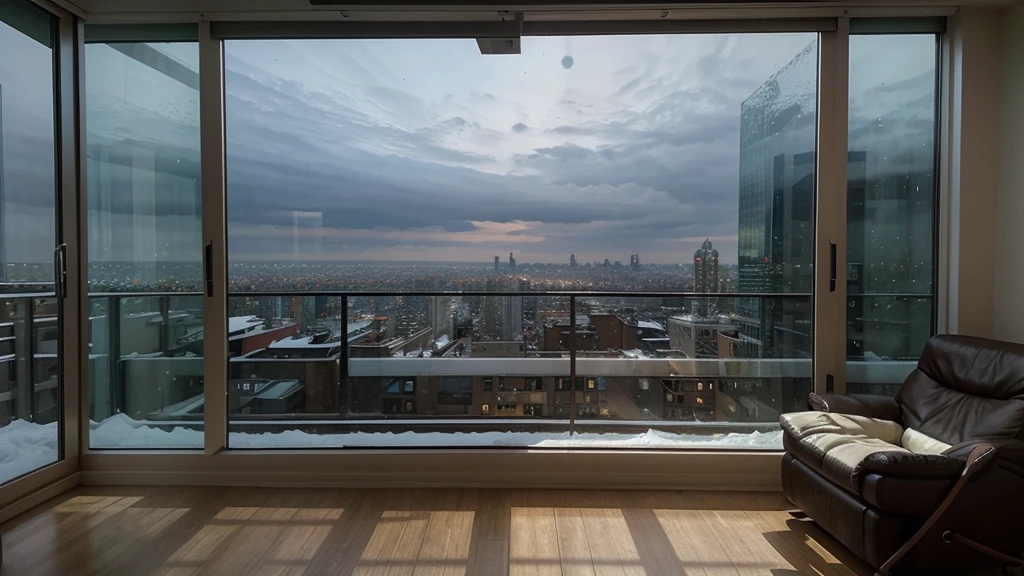 Panoramic view of the living room,Large windows overlooking the city, Relaxation time. beautiful landscape, Luxurious environment, Comfortable place, Comfortable atmosphere, Luxury Apartment, bladerunner apartment, Cyberpunk bedroom at night, comfortable environment, Comfortable room, comfortable environment, Comfortable atmosphere, rooftop romantic, City Apartments, Comfortable and calm, Beautiful view, Epic views, beautiful scenery,There is snow outside the floor-to-ceiling glass window