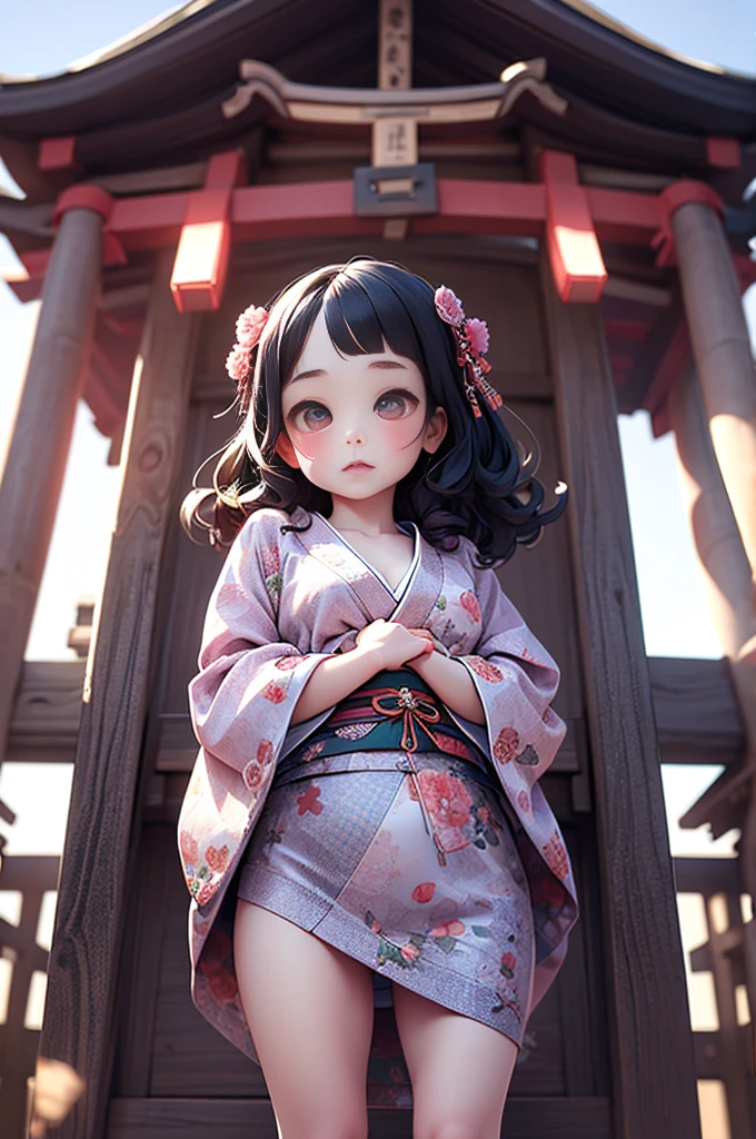 Girls under 8 years old, Height under 100, kimono, Small breasts, Patterned cotton panties, Fabric Real, Black Hair, kimono, Old shrine