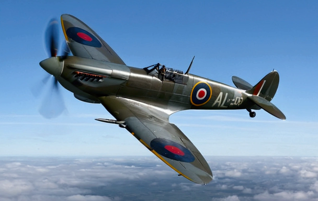 Spitfire  fighter plane flying in the sky with a propeller, spitfire, aircraft, by Dave Allsop, portrait shot, by Peter Scott, by Bob Ringwood, ww2 era, by David Simpson, ww2, ww 2, movie shot, by John Parker, spare, hurricane, beautiful angle, stunning art, by Murray Tinkelman, by John Kay,