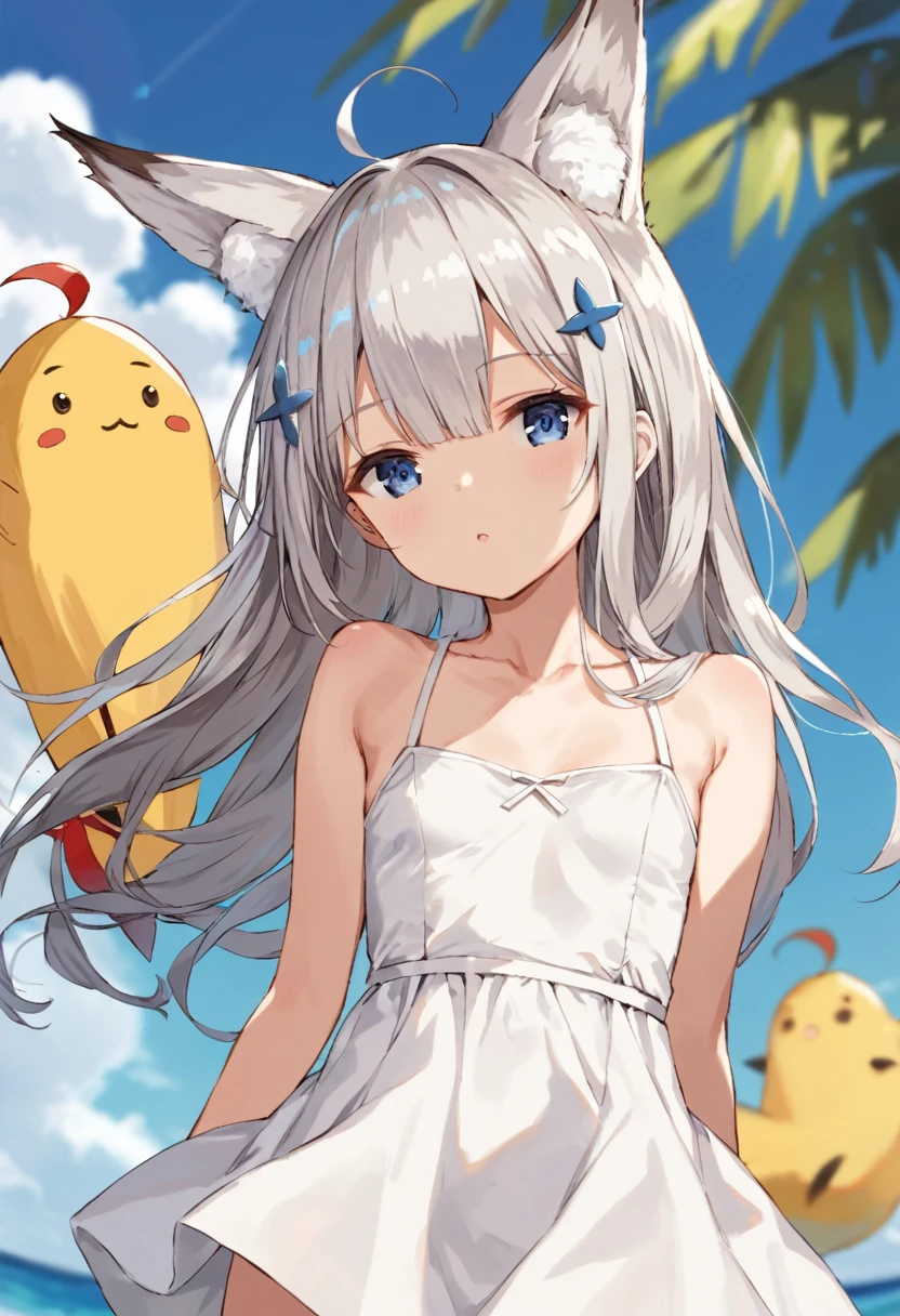 score_9,score_8_up,score_7_up,source_anime,cowboy shot,Idealized Forms,Natural Light,details background,blurry background,extremely detailed,kawakaze(azurlane),fox_girl,animal_ears,fox_ears,long_hair,bangs,blue_eyes,grey_hair,silver_hair,ahoge,hair_between_eyes,Sharp Eyes,small brests,sidelocks,small breasts, flat chest,collarbone,summer dress,blue sky,shining,sun floer,