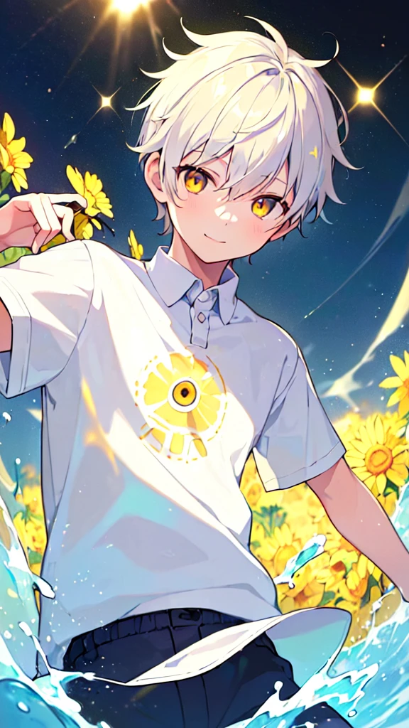 [(GALAXY BACKGROUND:1.5),::5], ((((masterpiece)))), high quality, very_high_resolution, large_filesize, upper body, full color, ((Solo)), ((little boy)), 13 old year, ((men's short white hair)), vivid color, ((yellow eye)), Summer clothes white, animestyle, light smile, (SODA EFFECT:1.3)