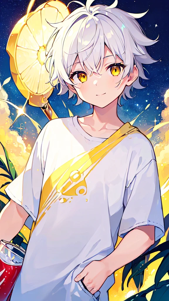 [(GALAXY BACKGROUND:1.5),::5], ((((masterpiece)))), high quality, very_high_resolution, large_filesize, upper body, full color, ((Solo)), ((little boy)), 13 old year, ((men's short white hair)), vivid color, ((yellow eye)), Summer clothes white, animestyle, light smile, (SODA EFFECT:1.3)