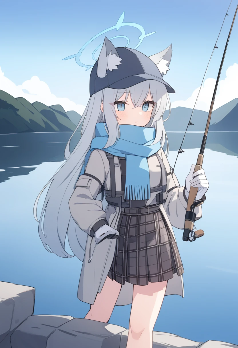 girl，Silver long hair, blue eyes, Wearing brown mountaineering clothes,A sky blue scarf, White gloves, And black plaid skirt, sentado em frente a um lago，fishing with fishing rod, blue halo，Wear your hat，Gray wolf ears，gazing at the water