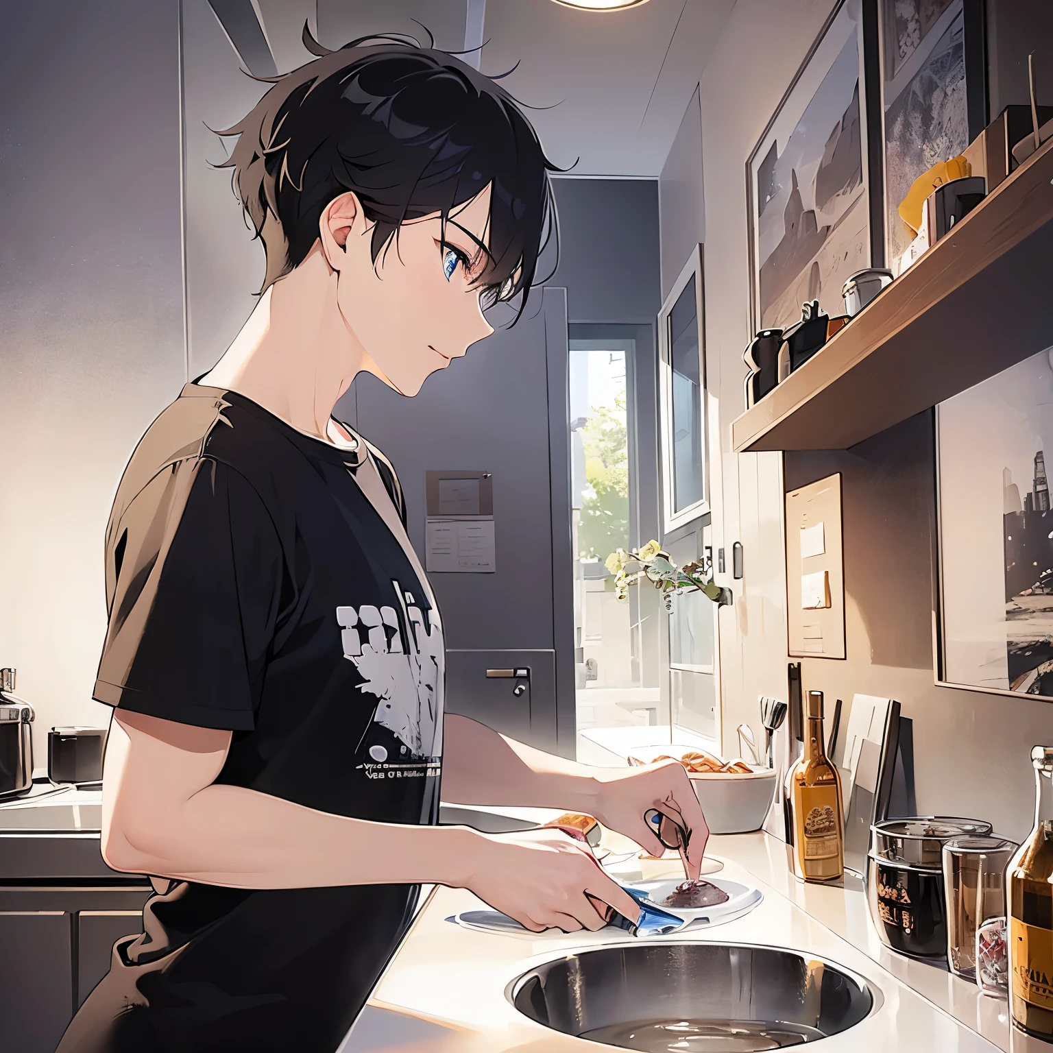 (alone:1.5)、Side shot、profile、
shiny skin, masterpiece、Highest quality、(25-year-old male:1.5) and (Black short hair) and (blue eyes)
(black) and (T-Shirts),serious、
The background is the kitchen at night、Dressing a salad
