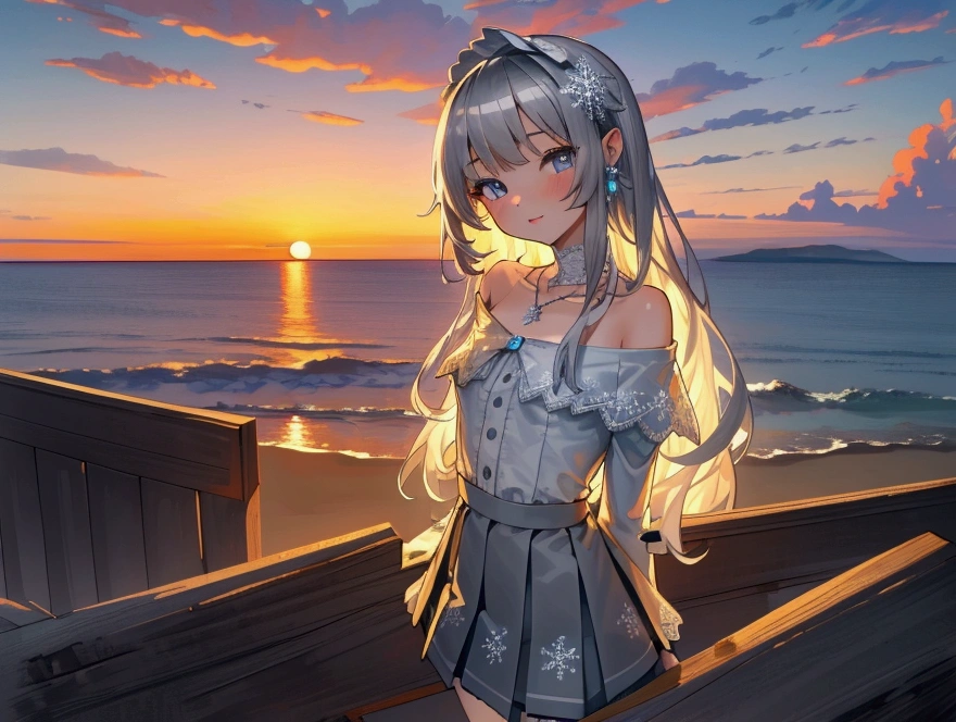 ((masterpiece, extremely high quality)),((4k, detailed beautiful cute eyes)),((cinematic view, middle view camera, highly detailed sunset, highly detailed colors, highly detailed clouds, depth of view)),1girl standing at a beach side, arms stayed on her back, face at viewer, looking at viewer white skin, closed lips, wide gentle smile, silver long-hair, grey-bluish eyes, slender physique, medium-sized breast, small-diamond snowflake necklace, white off-shoulder straps ruffled blouse, greyish high-waisted a-line mini skirt with lace trim.