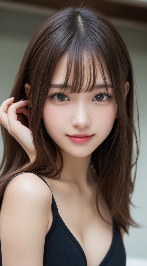 18 year old beautiful girl, Big eyes, Large Breasts, Small and slim, 8K, Highest quality, (Highly detailed head: 1.0), (Highly detailed face: 1.0), (Very fine hair: 1.0), Highly detailed official artwork, Anime Moe Art Style, Beautiful and detailed anime art, smile, whole body, Swimwear、sleek long hair