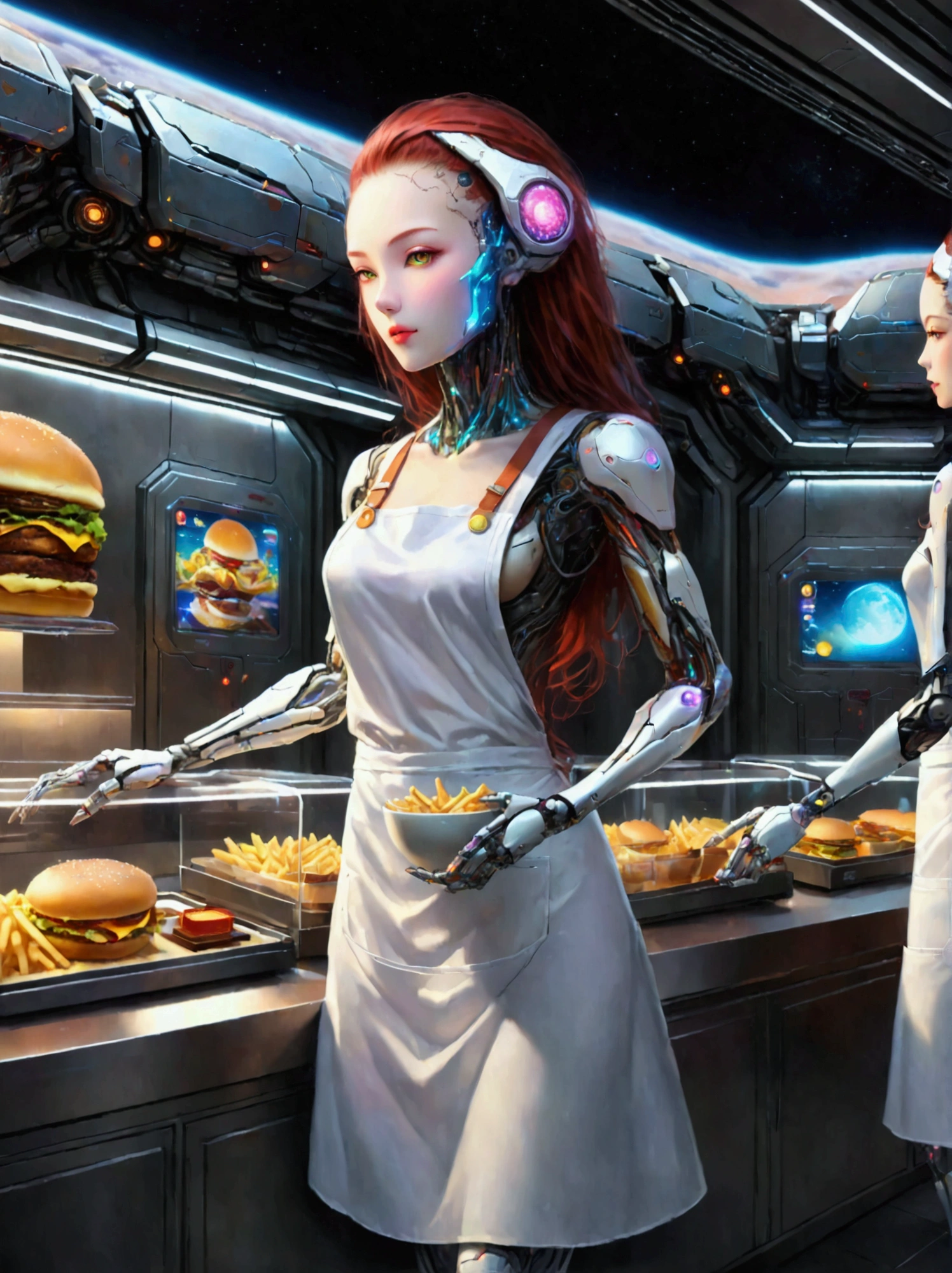 Best quality，8K，high resolution，masterpiece，Ultra Detailed，lifelike，Photorealism，future world，(Vision:1.5)，(A luxurious fast food restaurant on the moon:1.2), (Cyborg female employee:1.5)，(apron)，(Fast food restaurant staff uniforms:1.3)，Transparent Mecha，Cyberpunk cyborg woman，doll，Beautiful meticulous eyes，Beautiful delicate lips，Extremely detailed eyes and face，Long eyelashes，Physically Based Rendering，Extremely detailed description，Ultra-detailed paintings，Futuristic interior decoration，Neon，Sharp focus，Vibrant colors，Science Fiction，Concept Art，High-tech atmosphere，Studio Lighting，HDR，Ultra HD，Bokeh