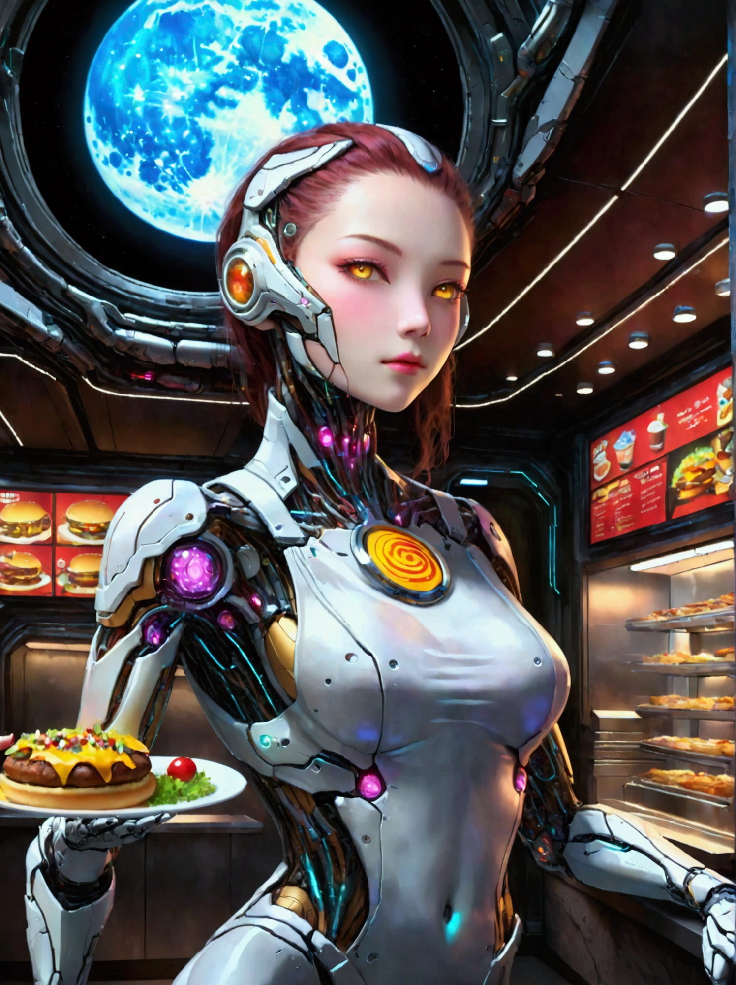 Best quality，8K，high resolution，masterpiece，Ultra Detailed，lifelike，Photorealism，future world，(Vision:1.5)，(A luxurious fast food restaurant on the moon:1.2), (Cyborg female employee:1.5)，(apron)，(Fast food restaurant staff uniforms:1.3)，Transparent Mecha，Cyberpunk cyborg woman，doll，Beautiful meticulous eyes，Beautiful delicate lips，Extremely detailed eyes and face，Long eyelashes，Physically Based Rendering，Extremely detailed description，Ultra-detailed paintings，Futuristic interior decoration，Neon，Sharp focus，Vibrant colors，Science Fiction，Concept Art，High-tech atmosphere，Studio Lighting，HDR，Ultra HD，Bokeh