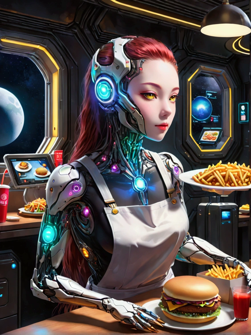 Best quality，8K，high resolution，masterpiece，Ultra Detailed，lifelike，Photorealism，future world，(Fast food restaurant cyborg female employee on the moon:1.5)，(apron)，(Fast food restaurant staff uniforms)，Transparent Mecha，Cyberpunk cyborg woman，doll，Beautiful meticulous eyes，Beautiful delicate lips，Extremely detailed eyes and face，Long eyelashes，Physically Based Rendering，Extremely detailed description，Ultra-detailed paintings，Futuristic interior decoration，Neon，Sharp focus，Vibrant colors，Science Fiction，Concept Art，High-tech atmosphere，Studio Lighting，HDR，Ultra HD，Bokeh