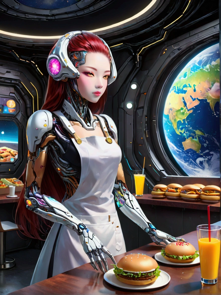 Best quality，8K，high resolution，masterpiece，Ultra Detailed，lifelike，Photorealism，future world，(Vision:1.5)，(A luxurious fast food restaurant on the moon:1.2), (Cyborg female employee:1.5)，(apron)，(Fast food restaurant staff uniforms:1.3)，Transparent Mecha，Cyberpunk cyborg woman，doll，Beautiful meticulous eyes，Beautiful delicate lips，Extremely detailed eyes and face，Long eyelashes，Physically Based Rendering，Extremely detailed description，Ultra-detailed paintings，Futuristic interior decoration，Neon，Sharp focus，Vibrant colors，Science Fiction，Concept Art，High-tech atmosphere，Studio Lighting，HDR，Ultra HD，Bokeh