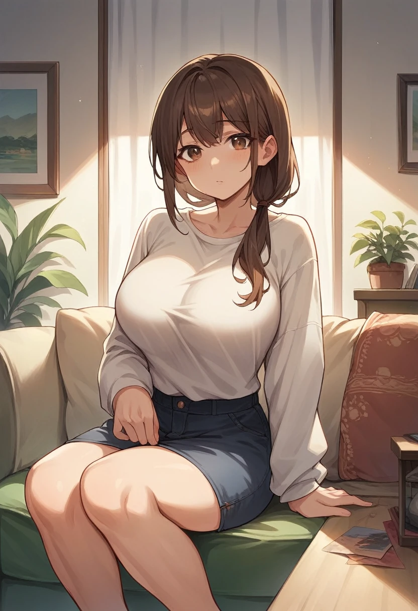 score_8_up, score_7_up, source_anime, 1female, brown hair, brown eyes, low ponytail, large breast, living room