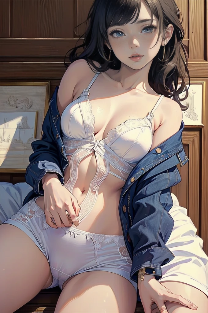 (masterpiece,Highest quality,Super detailed:1.6)One girl, alone, Small breasts, She is trying to unbutton her white blouse,White underwear with gorgeous details, Changing clothes, Shyness,freckles,Mole under the left eye,