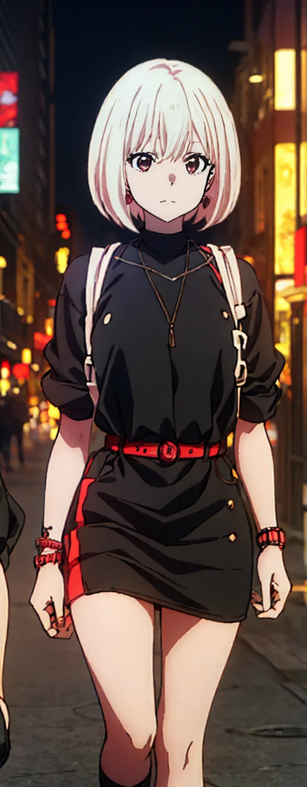 High resolution, High resolution,2D Anime Style,,Cool woman,Mature,,20th generation,short hair,Blonde,Red eyes,Beautiful Watches,Beautiful earrings,Street fashion,Walking,night,