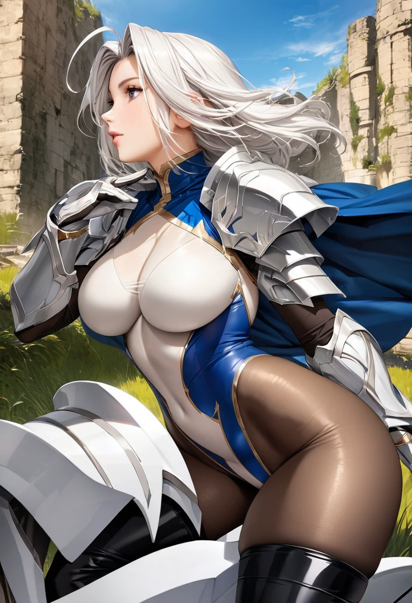 ((highest quality)), ((masterpiece)), ((hyperrealistic)), (detailed background), 1girl, ((curvy: 1.2)), (shoot from side), paladin, (( lame leotard)), ((catsuit leotard)), (paladin armor), cloak de cour, gauntlet, gloves, white hair, ahoge, (large ), (see-through cleavag), (zettai ryouiki black thigh high boots), (see-through pantyhose thighpantyhose groin areaautiful eyes, perfect face, Perfect hands, perfect fingers, Blue sky and grassland,
