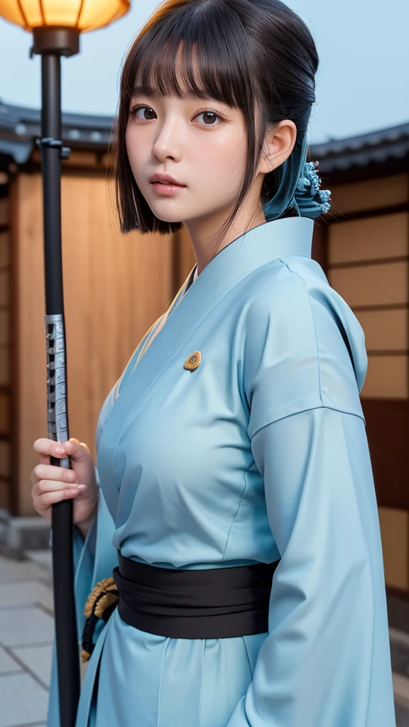 masterpiece,best quality,high resolution,8K,Realistic face,Realistic skin texture,magnified textures, 1 girl,Japanese girl, 19 years old,japanese,detailed eyes,blunt bangs,brown hair,Joyful glow,doubled lid eyes,small nose、sparkling eyes、natural make,(haori of light blue:1.5)、,black kimono:1.2),(dark green hakama:1.2)she is shinsengumi,(bushi),(katana:1.4),round face,Guts pose,grimace,smol girl,big breasts,(Sexy chest:1.3),in the city,(look at viewer),she is walking,good feeling,parade,(from front),happy