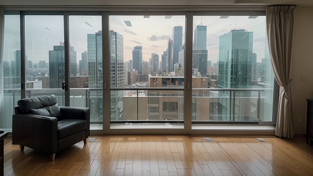 Panoramic view of the living room,Large windows overlooking the city, Matte inspired by Evgeny Lushpin, Unsplash Contest Winners, The art of math, Relaxation time. beautiful landscape, Luxurious environment, Comfortable place, Comfortable atmosphere, Luxury Apartment, bladerunner apartment, Cyberpunk bedroom at night, Comfortable room, comfortable environment, comfortable environment, Comfortable atmosphere,There is snow outside the floor-to-ceiling glass window