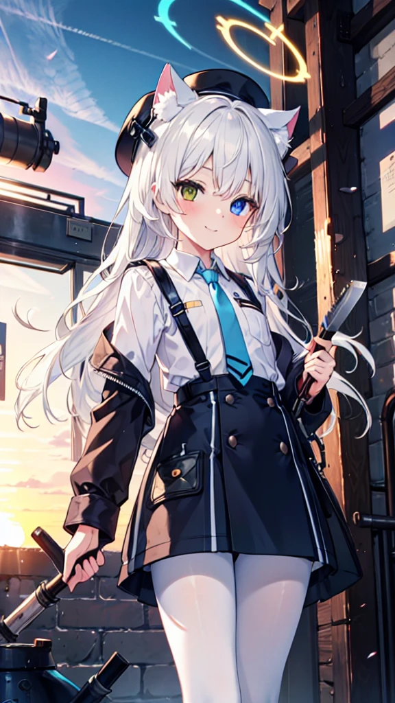 White pantyhose，White hair，Smile，Long hair，Cat ear，Heterochromia（Left blue right yellow），Female face，There are bright spots in the eyes，flat chest，blue halo，Alone，Inside the boiler room，Sunset，Steampunk，hat，Portable tools，At work