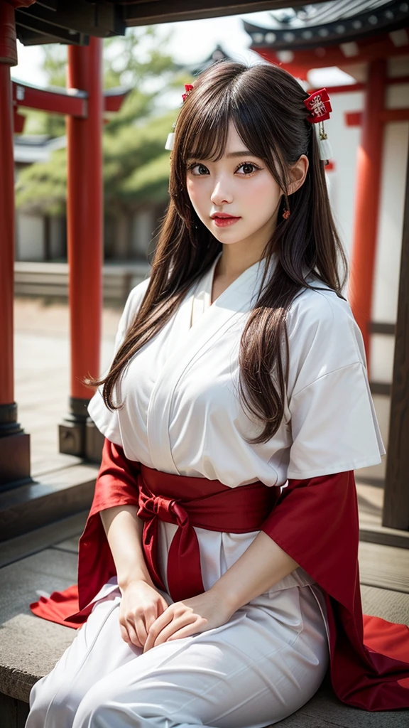 1girl, Chignon, hair ornaments, mizuhiki, (shrine maiden), (Japanese style shrine maiden costume, white haori, red hakama:1.4), Extremely cute, Amazing face and eyes, (extremely detailed beautiful face), (Ultra Realistic), (Highly detailed eyes, Highly detailed hair, Highly detailed face, Highly detailed plump lips), Upper body, Search Smile, (Best Quality:1.4), Raw photo, (Realistic, photo-Realistic:1.37), Professional Photography, Cinematic Light, (sitting, legs wide open), Divine, shrine, red torii gate,