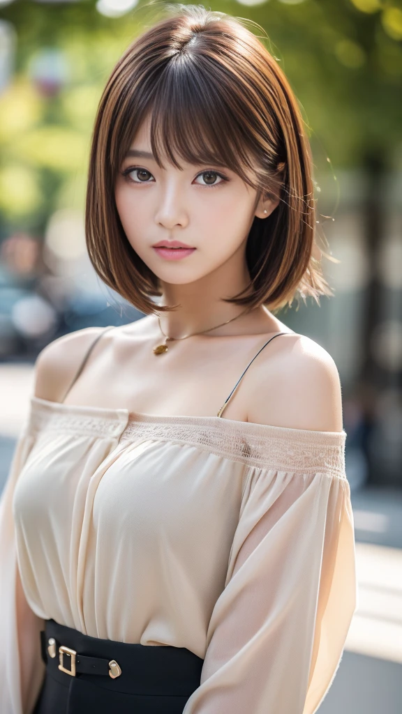 Ultra High Definition, Superior Quality, Premier Quality, ultra detailed, Photorealistic, 8k, RAW Photos, highest quality, masterpiece, Attractive girl, Stunning girl, Brown Hair, Shoulder Length Layered, asymmetrical bangs, Japanese Idol, Sophisticated, Stylish, blouse,Shibuya, 