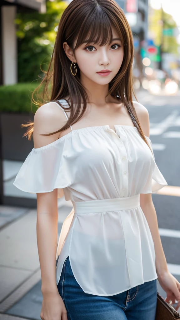 Ultra High Definition, Superior Quality, Premier Quality, ultra detailed, Photorealistic, 8k, RAW Photos, highest quality, masterpiece, Attractive girl, Stunning girl, Brown Hair, Shoulder Length Layered, asymmetrical bangs, Japanese Idol, Sophisticated, Stylish, blouse,Shibuya, 