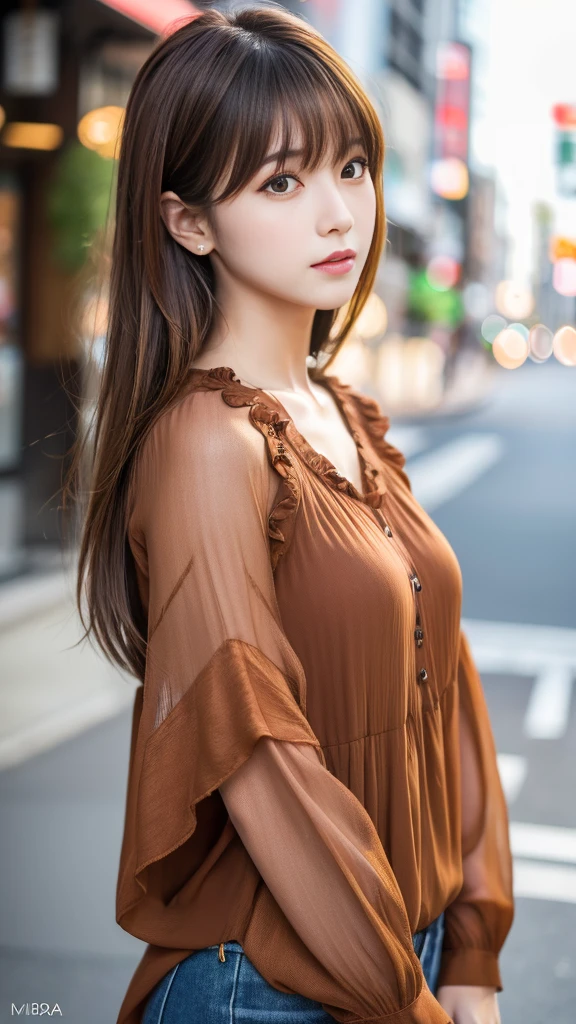 Ultra High Definition, Superior Quality, Premier Quality, ultra detailed, Photorealistic, 8k, RAW Photos, highest quality, masterpiece, Attractive girl, Stunning girl, Brown Hair, Shoulder Length Layered, asymmetrical bangs, Japanese Idol, Sophisticated, Stylish, blouse,Shibuya, 