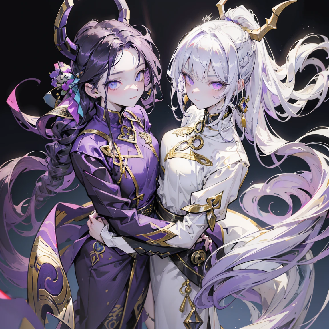 cheerful boy with open forehead. dark purple hair braided in a ponytail on the left side to one side. sinuous black horns wrapped in dark purple ribbon. pale violet eyes. in short dark purple shorts. long white T-shirt. dark purple knee-high socks. a white long robe with a hood flutters in the wind. black ancient stone walls of the castle purple light from lamps with gold ornaments, heterochromia, long curly hair, pale skin, I look at the viewer, closed mouth, bright smile, Beautiful, extremely detailed eye, Absolutely amazing art, extremely detailed, Digital art of the highest quality, full length