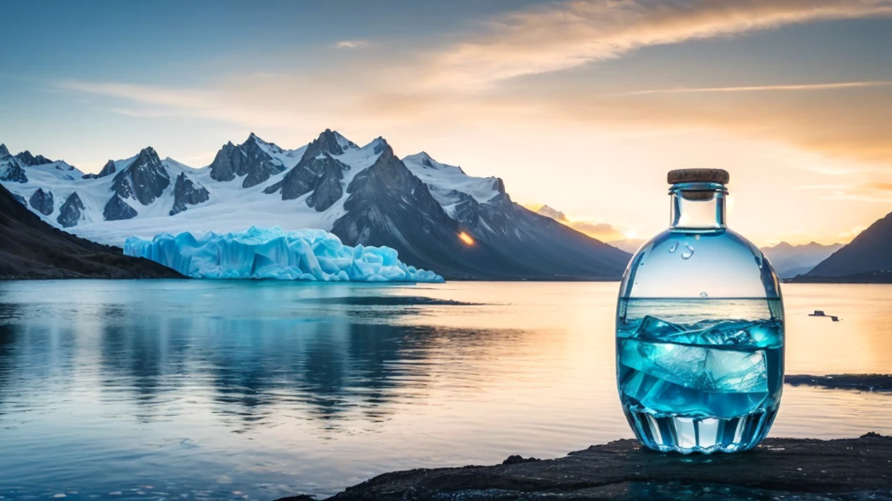 full realistic, masterpiece, RAW arafed bottle of agua sitting on a rock near a body of agua, crystal agua, mountain agua, beautiful agua, dmt agua, crystal clear agua, glowing agua, pristine agua, agua in background, con una montaña nevada y hielo, agua, detailed agua, rive máximo, montañas heladas al fondo, Las gotas fluyen por la botella, agua mirrored agua