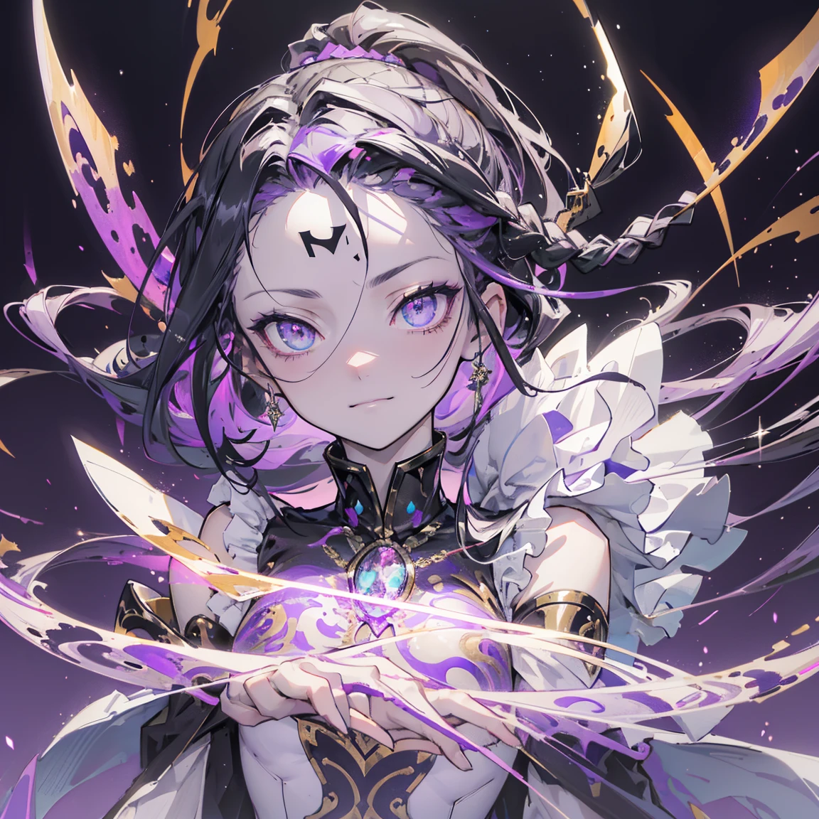 cheerful boy aristocrat open forehead. dark purple hair braided in a ponytail on the left side to one side. sinuous black horns wrapped in dark purple ribbon. pale violet eyes. in short dark purple shorts. long white T-shirt. dark purple knee-high socks. a white long robe with a hood flutters in the wind. black ancient stone walls of the castle purple light from lamps with gold ornaments, heterochromia, long curly hair, pale skin, I look at the viewer, closed mouth, bright smile, Beautiful, extremely detailed eye, Absolutely amazing art, extremely detailed, Digital art of the highest quality, full length, old piano, ancient walls of a stone castle 