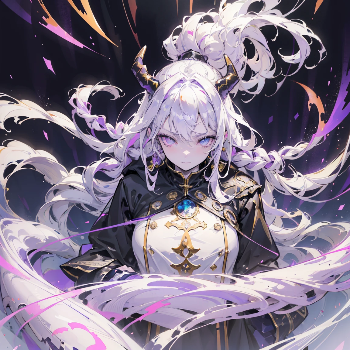 cheerful boy aristocrat open forehead. dark purple hair braided in a ponytail on the left side to one side. sinuous black horns wrapped in dark purple ribbon. pale violet eyes. in short dark purple shorts. long white T-shirt. dark purple knee-high socks. a white long robe with a hood flutters in the wind. black ancient stone walls of the castle purple light from lamps with gold ornaments, heterochromia, long curly hair, pale skin, I look at the viewer, closed mouth, bright smile, Beautiful, extremely detailed eye, Absolutely amazing art, extremely detailed, Digital art of the highest quality, full length, old piano, ancient walls of a stone castle