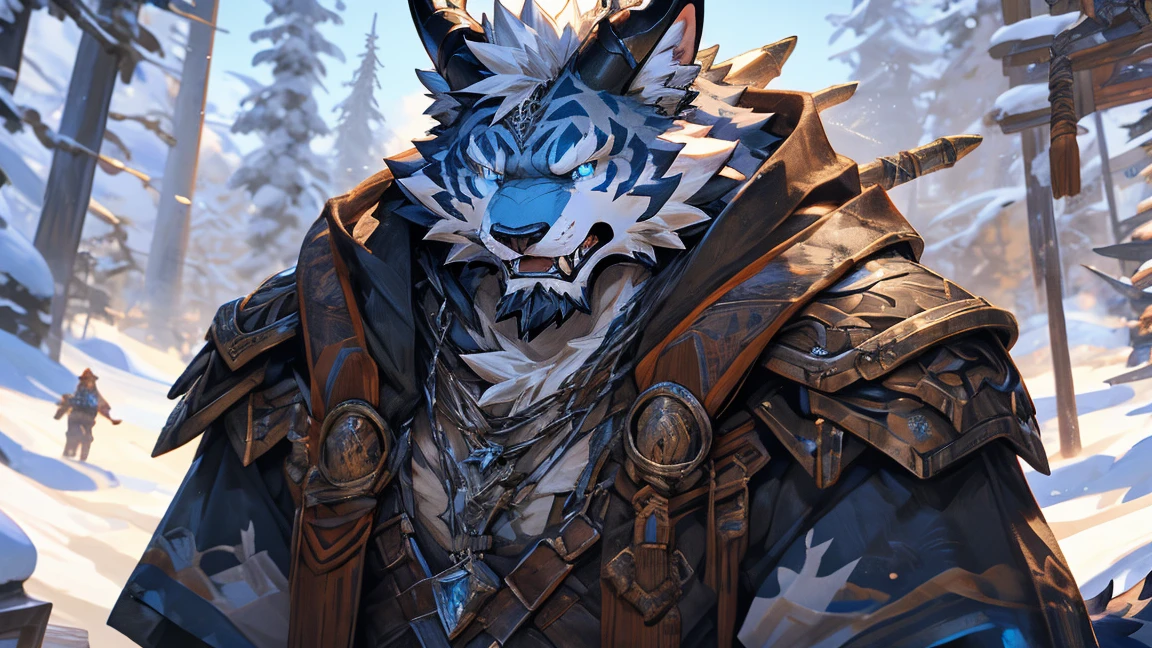 head、Animal cat face、（A pair of dragon horns，（在head上对称）），Full body of fluffy white hair、Heavy breathing、Gnashing of teeth,Serious expression,muscular、Leather Armor，Viking style，wildcat、blue eyes，(contour）全身覆盖着长long白色毛发、Hairy body、long, Thick chest hair、Fangs，特写镜head：A wolf riding on the snow, Furry Fantasy Art, 骑着一head巨大的银狼, World of Warcraft Art style, 4k fantasy art, World of Warcraft Splash Art, Detailed digital 2D fantasy art,  Wow 4k detail fantasy, World of Warcraft Art, Very very beautiful furry art, Epic fantasy art