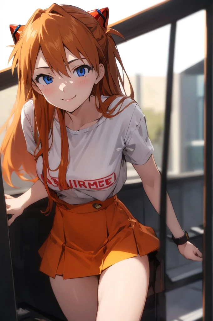 asuka, blue eyes, orange hair,,, micro mini skirt,
(best quality, masterpiece, RAW photo,ultra-detailed:1.2), 1girl,solo,looking at viewer,smile,