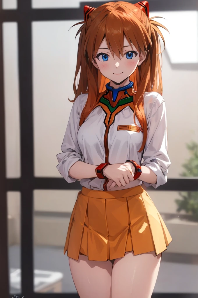 asuka, blue eyes, orange hair,,, micro mini skirt,
(best quality, masterpiece, RAW photo,ultra-detailed:1.2), 1girl,solo,looking at viewer,smile,