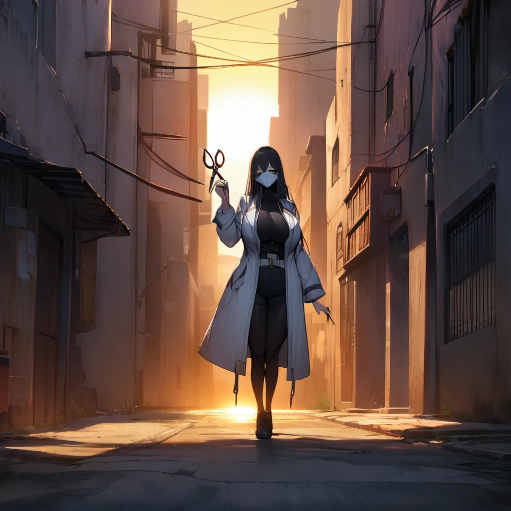 1girl,solo,long hair,black hair color,white mask,White coat,huge breasts,slender,Scissors in hand,high stature,tall person,setting sun,Alley with no people,